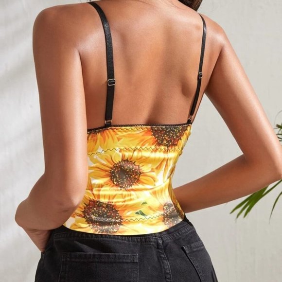 Sunflower Printed Satin Crop Cami Top - Picture 4 of 5